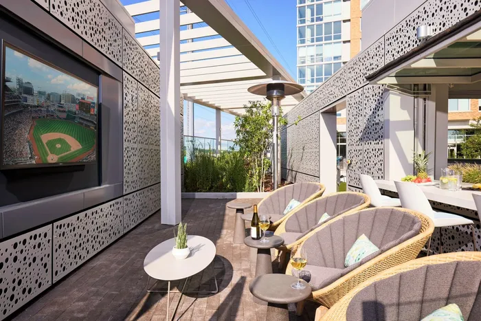 Seating Area With Outdoor TV & Heat Lamps | Meridian 2250 at Eisenhower Station | Luxury Alexandria VA Apartments
