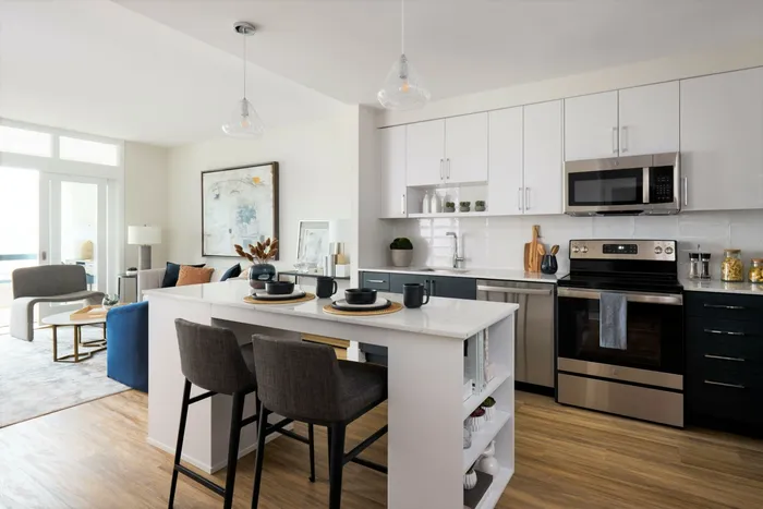1BS-5dm Floor Plan Apartment 510 Kitchen Living Room Sunroom | Meridian 2250 at Eisenhower Station | Luxury Alexandria VA Apartments