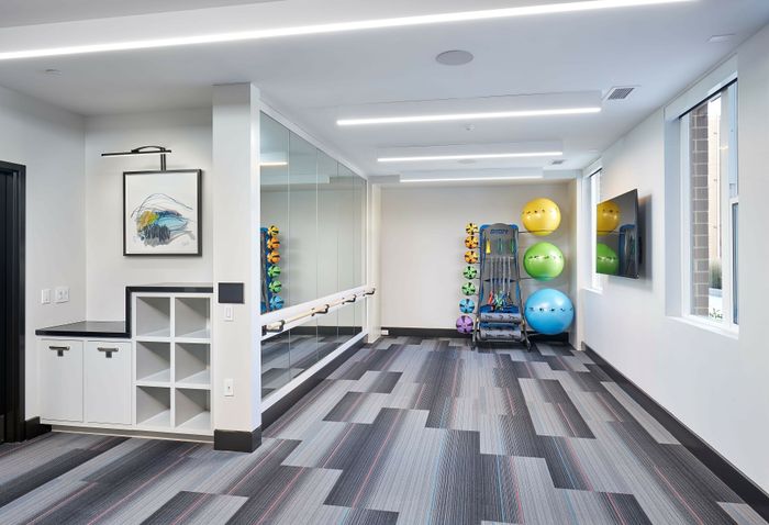 Fitness Studio With Cardio Machines, Barre, Dumbbells, Stability Balls, Bands & More  | Belmont at One University | Affordable Senior Fairfax VA Apartments