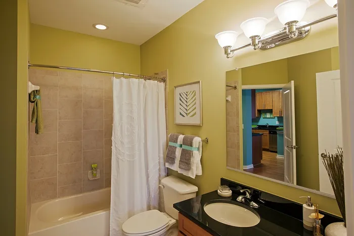 Large Bathroom With Tiled Shower, Granite Vanity Counter, Ample Storage Space & Modern Lighting | Madison at Ballston Station | Arlington VA Apartments