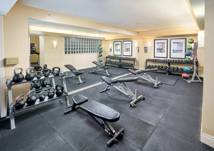 Photo of Free Weights, Med Balls, Bands and Benches in Our Fitness Center | Meridian at Courthouse Commons | Arlington VA Apartments