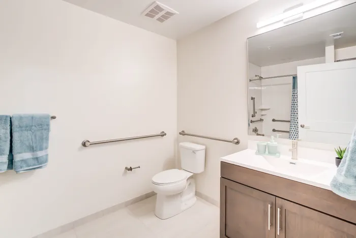 Accessible Bathroom- A 1BR-H ANSI Floor Plan | Indigo at McLean Station | Affordable Tysons Corner Apartments | Affordable Fairfax VA Apartments | Affordable McLean VA Apartments