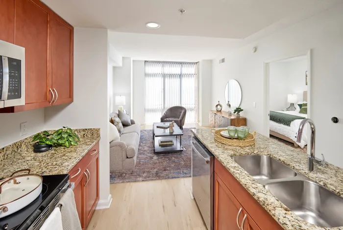Combined view of the renovated Ellington kitchen and living room with stainless steel appliances and wood-style flooring | Meridian at Grosvenor Station | Luxury North Bethesda MD Apartments | Luxury Rockville MD Apartments