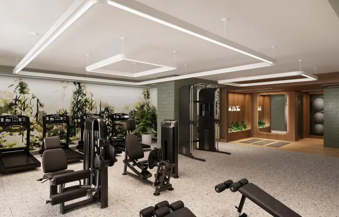 Rendering of the refreshed fitness center at Meridian at Grosvenor Station, showing updated interior finishes and a bright, modern workout environment | Meridian at Grosvenor Station | Luxury North Bethesda MD Apartments | Luxury Rockville MD Apartments
