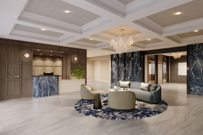 Rendering of the fully renovated lobby at Meridian at Grosvenor Station, featuring modern decor and comfortable seating areas | Meridian at Grosvenor Station | Luxury North Bethesda MD Apartments | Luxury Rockville MD Apartments