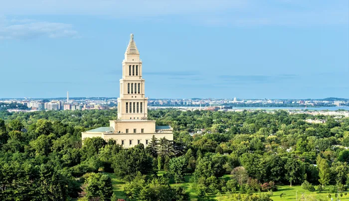 Apartment window view of the Washington Monument, U.S. Capitol building, and the George Washington Masonic Memorial. | Meridian at Eisenhower Station | Luxury Alexandria VA Apartments