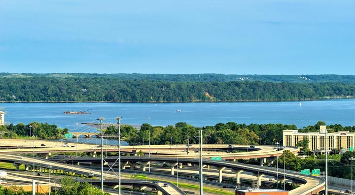 Scenic view of the Potomac River from a luxury Meridian at Eisenhower Station apartment in Alexandria, VA.