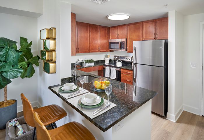 Renovated apartment kitchen at Meridian at Eisenhower Station with granite countertops, stainless steel appliances, and wood-style flooring | Newport One Bedroom Floor Plan | Alexandria VA Apartments | Luxury Alexandria VA Apartments