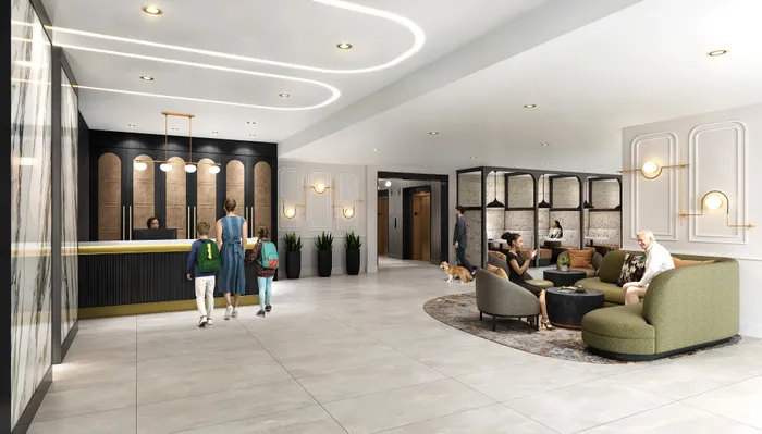 Architectural rendering of the newly renovated modern lobby at Meridian at Eisenhower Station apartments in Alexandria, VA, featuring contemporary designer seating, co-working areas, and updated interior finishes | Meridian at Eisenhower Station | Luxury Alexandria VA Apartments