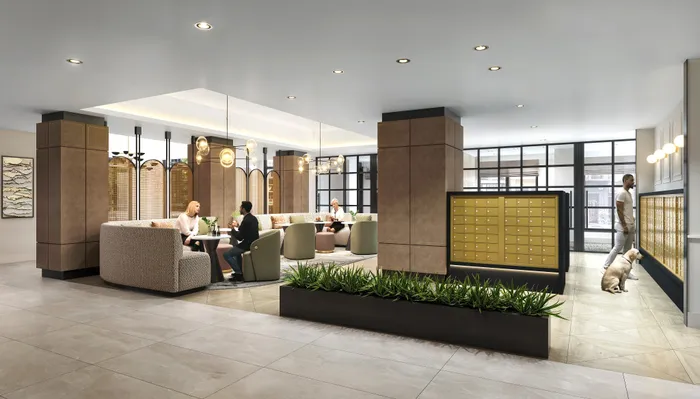 Architectural rendering of the newly renovated modern lobby at Meridian at Eisenhower Station apartments in Alexandria, VA, featuring contemporary designer seating, co-working areas, and updated interior finishes. | Meridian at Eisenhower Station | Luxury Alexandria VA Apartments