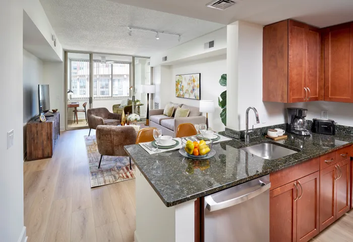 Renovated one bedroom apartment with sunroom at Meridian at Eisenhower Station with granite countertops, stainless steel appliances, wood-style flooring, and updated lighting and other features | Alexandria VA Apartments | Luxury Alexandria VA Apartments