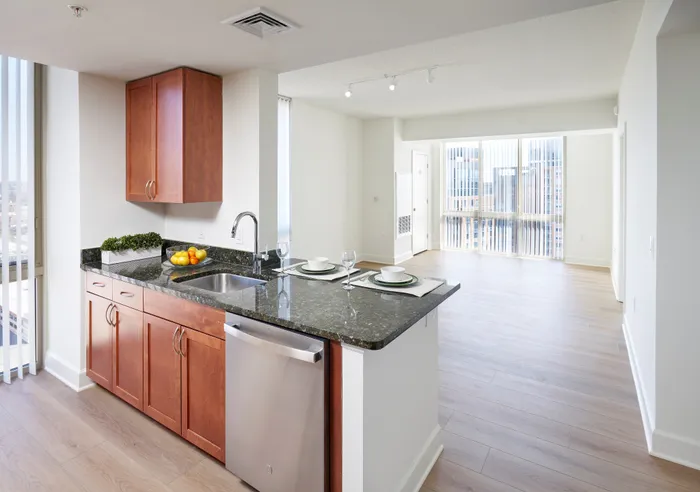 Living and kitchen area in renovated Sterling 1BR with den at Meridian at Eisenhower Station. | Luxury Alexandria VA Apartments