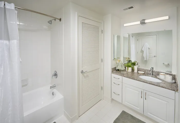 Newly renovated bathroom in Newport 1BR at Meridian at Eisenhower with updated fixtures and custom cabinetry. | Meridian at Eisenhower Station | Luxury Alexandria VA Apartments