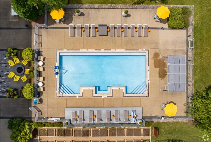 Drone view of pool and deck area