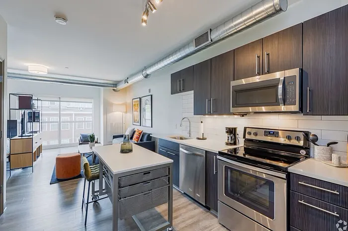 Modern apartment kitchen with sleek stainless steel appliances, stylish dark wood cabinets, and an open-plan view leading to a cozy living area with large windows.