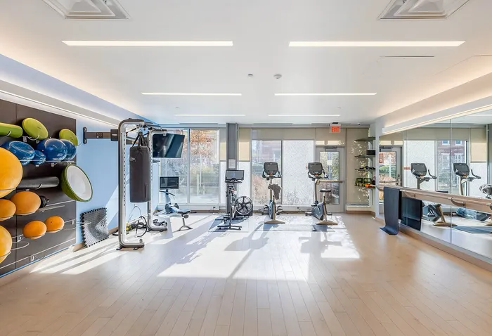 Bright and modern fitness center featuring exercise equipment, cardio machines, and wall-mounted workout accessories with floor-to-ceiling windows and sleek mirrored wall.