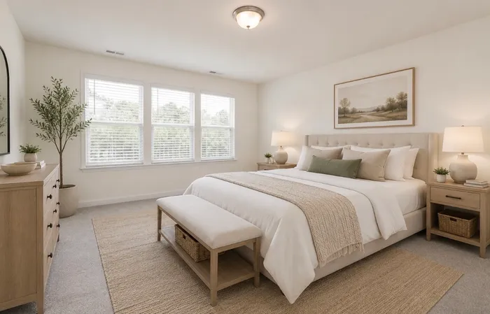 Elegant bedroom boasting a cozy king-size bed, stylish bedside tables, and calming natural light from large windows.
