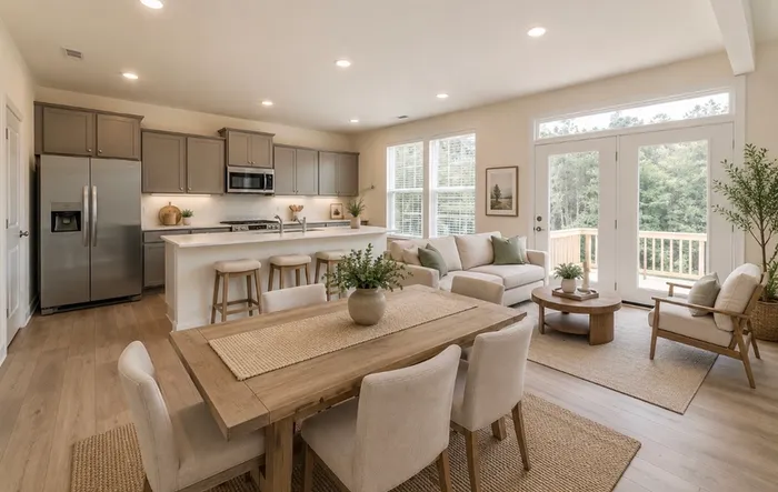 Bright open-concept living area featuring a modern kitchen with sleek appliances, a cozy dining space with a wooden table, and a stylish living room with comfortable seating and large windows offering serene views.