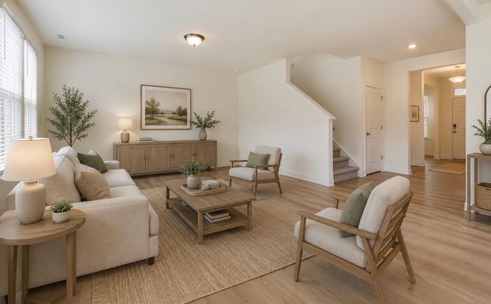 Bright and inviting living room featuring elegant wooden furniture, cozy beige sofas, and abundant natural light. Stylish d&eacute;cor accents enhance comfort and warmth.