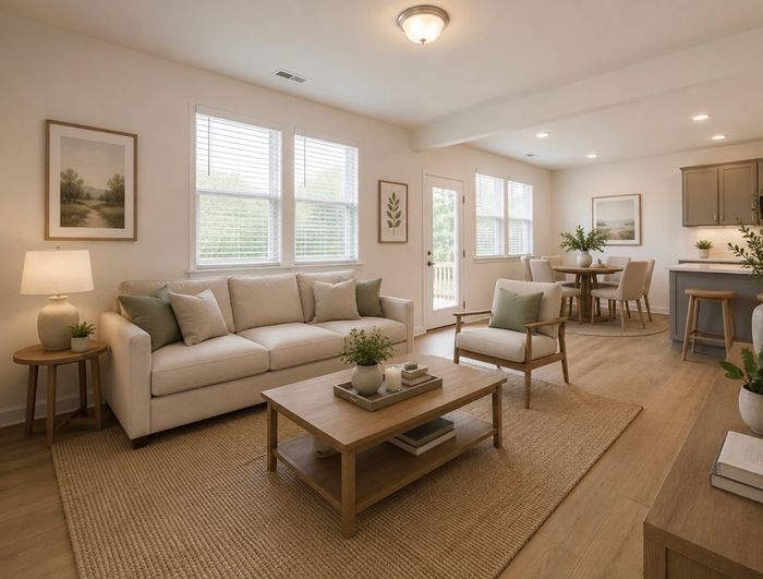 Bright and elegant open-concept living room showcasing modern decor, cozy seating, and abundant natural light.