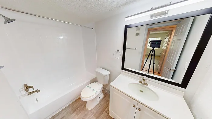 Bright bathroom with modern fixtures, featuring a sleek bathtub, elegant vanity, and large mirror, ideal for stylish living.