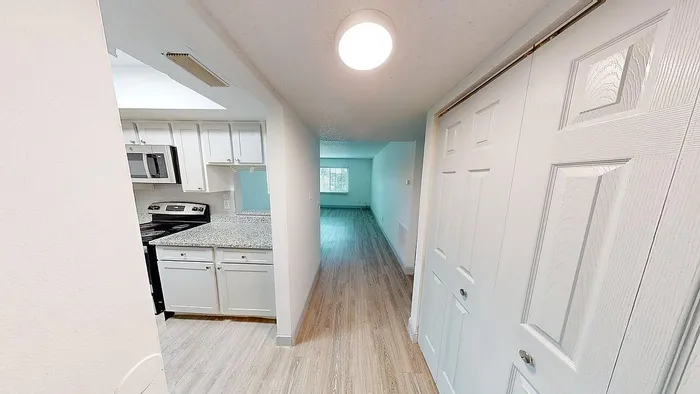 Inviting apartment entryway showcasing a sleek kitchen with granite countertops and an open pathway to a bright living area.