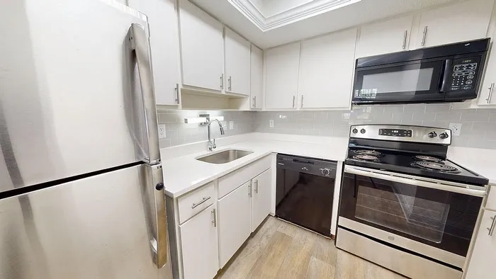 Modern kitchen with stainless steel appliances, sleek countertops, and elegant cabinetry.