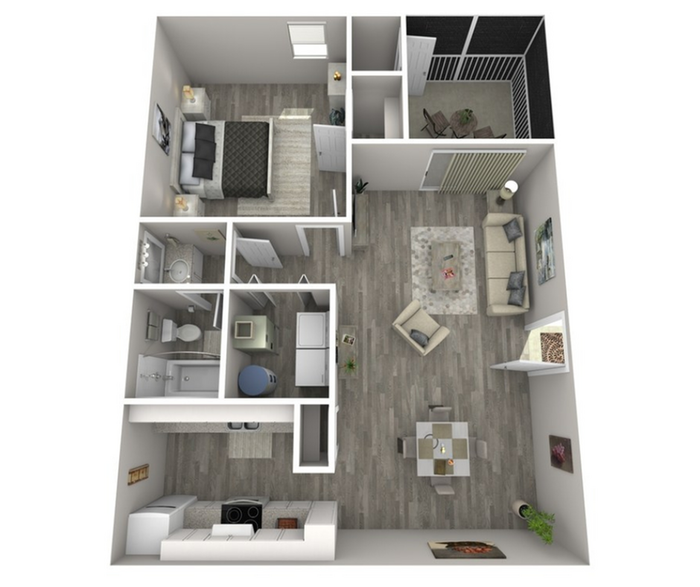 Modern 3D floor plan highlighting a cozy 1-bedroom apartment with an open-concept living and dining area, spacious kitchen, and chic balcony.