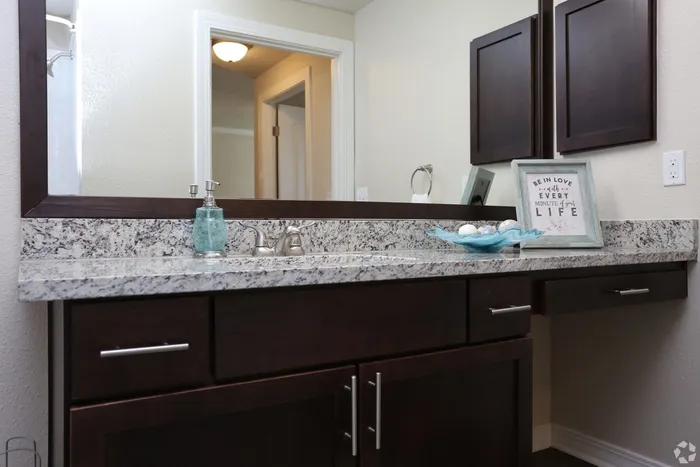 Modern bathroom vanity with granite countertop and stylish decor.