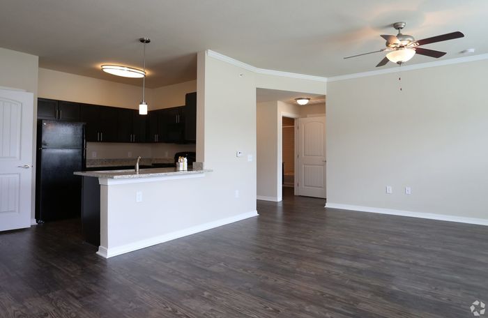 Spacious modern apartment interior with open-concept kitchen and living area featuring dark cabinetry, granite countertops, and ceiling fan.