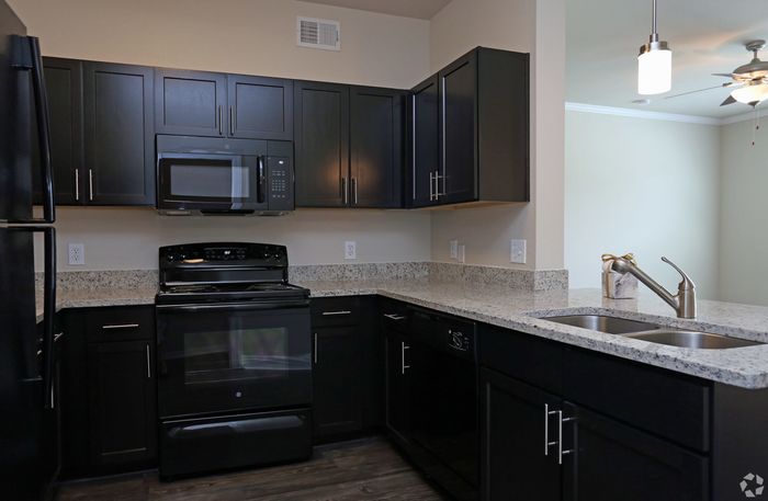 Stylish modern kitchen with dark cabinets, granite countertops, and sleek appliances