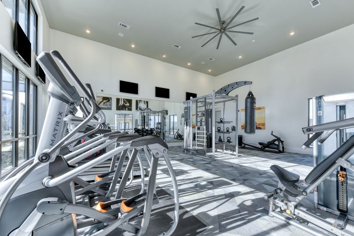 Modern gym with top-of-the-line equipment, bright windows, and spacious interiors.