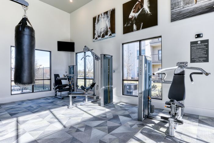Modern apartment fitness center with sleek equipment, natural light, and motivational wall art.