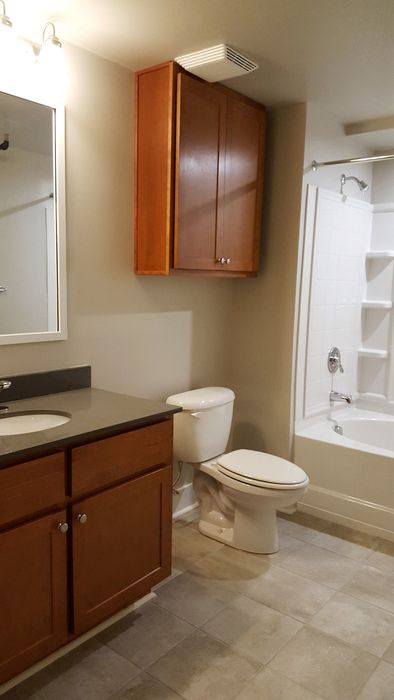 Modern bathroom featuring sleek fixtures, elegant dark countertop, and spacious cabinetry with a tub for ultimate relaxation.