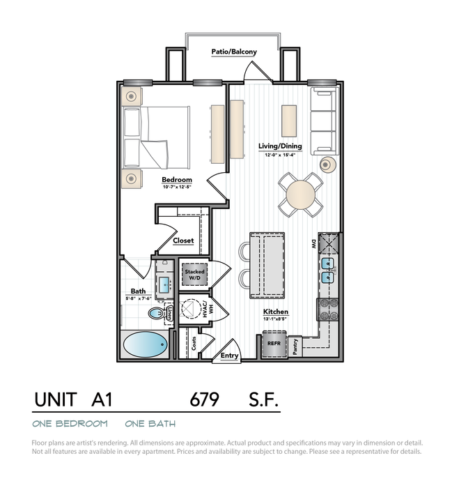 Elegant floor plan showcasing a cozy one-bedroom apartment with an inviting living/dining area, modern kitchen, and a private patio/balcony.
