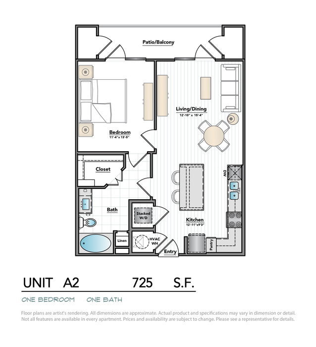 Elegant one-bedroom, one-bath floor plan featuring an open living/dining area, a modern kitchen, and a spacious patio/balcony.