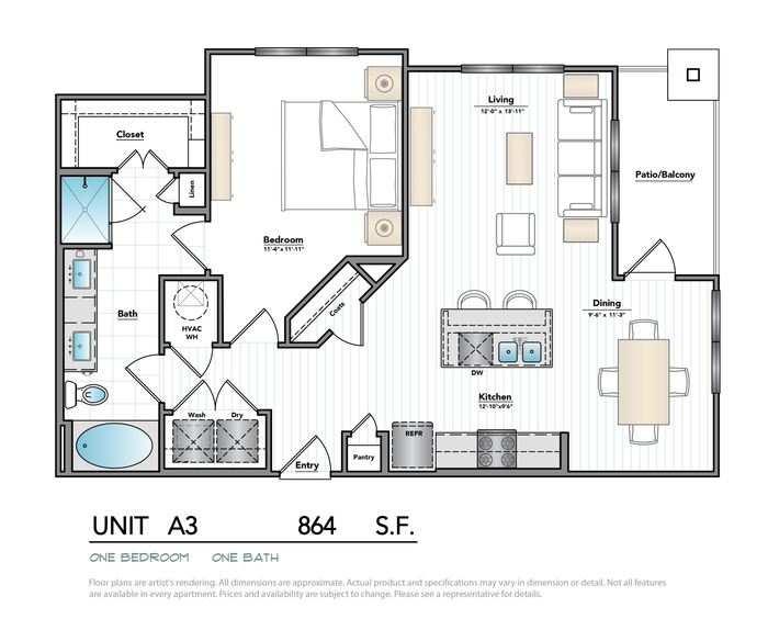 Modern floor plan showcasing a spacious one-bedroom layout with an open-concept living and dining area, a sleek kitchen, and a relaxing patio/balcony.