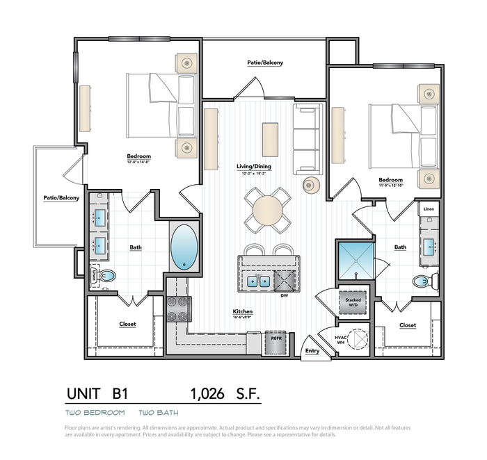 Modern 2-bedroom, 2-bathroom floor plan featuring an open kitchen, spacious living/dining area, and dual patio/balconies.