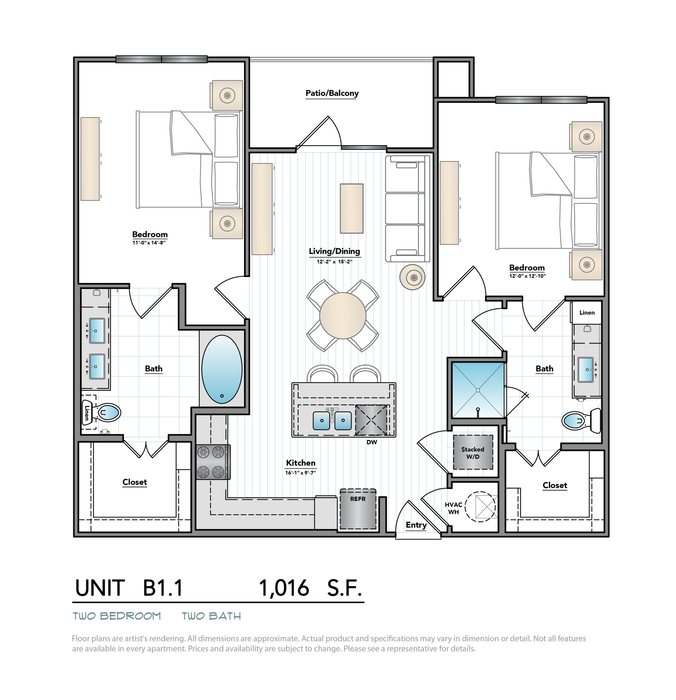 Elegant apartment floor plan featuring 2 spacious bedrooms, 2 modern baths, open-concept living and dining area, and a stylish kitchen. Includes a balcony for outdoor relaxation.