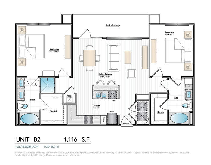Contemporary 2D floor plan with 2 bedrooms, 2 baths, open living and dining area, modern kitchen, and private patio/balcony.