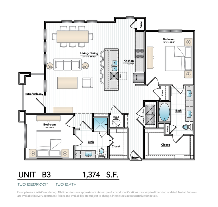 Elegant floor plan showcasing two spacious bedrooms, dual bathrooms, an open-concept living and dining area, modern kitchen, and a cozy patio/balcony.
