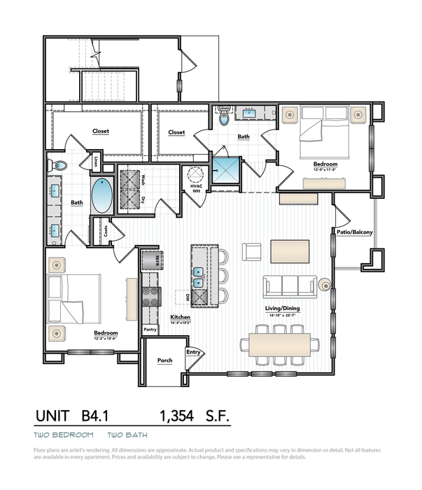 Modern 2-bedroom, 2-bath floor plan featuring an open-concept kitchen and living area, with spacious bedrooms and a private patio.