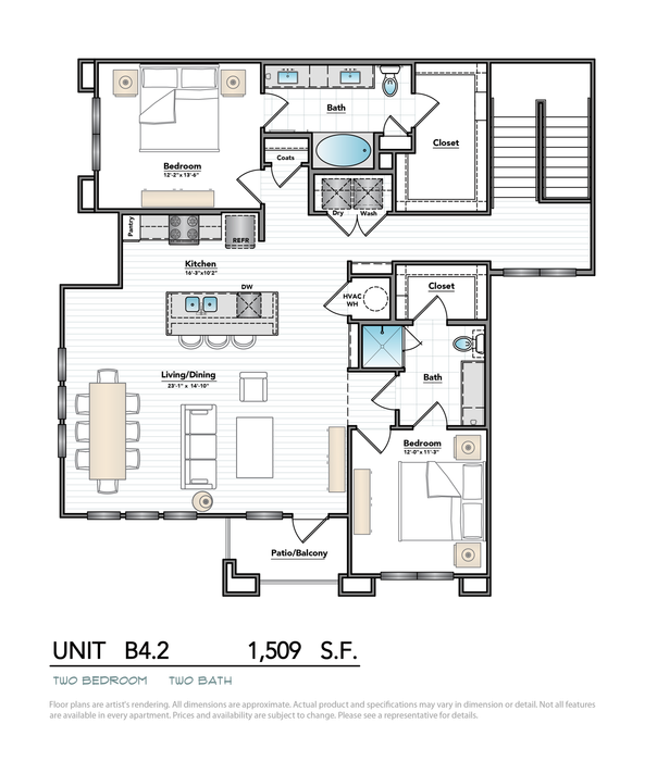 Chic 2-bedroom, 2-bath floor plan featuring a generous open-concept living and dining area, modern kitchen with island, and inviting patio/balcony.