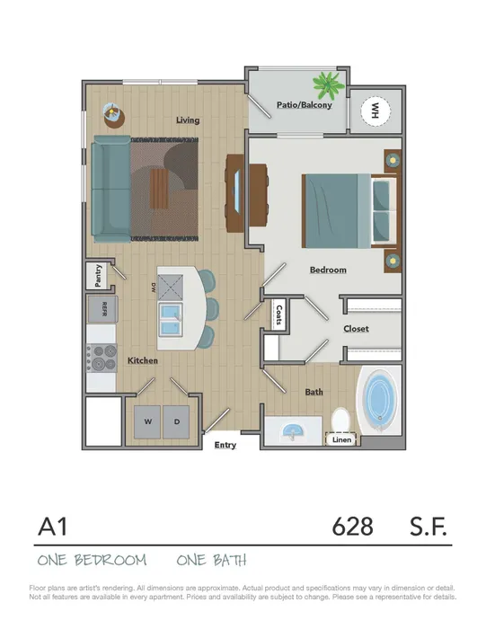 Modern A1 floor plan featuring one bedroom, one bath, and a cozy living area with open kitchen concept, 628 sq ft with a welcoming patio/balcony for relaxation.