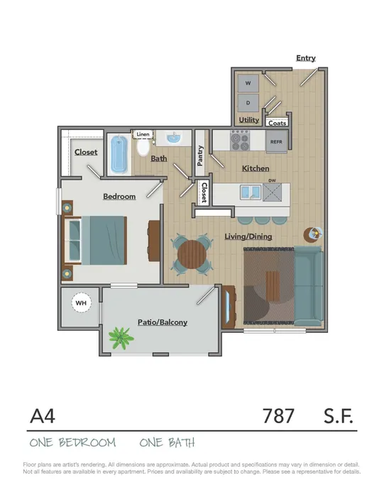 Modern A4 floor plan showcasing one bedroom, one bath with open living/dining area, equipped kitchen, and a serene patio/balcony, 787 sq ft.