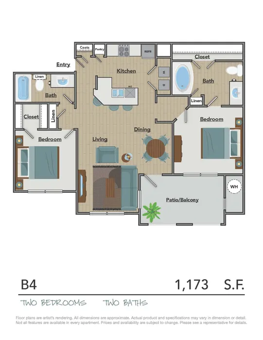 Modern B4 floor plan featuring two spacious bedrooms, two luxurious baths, an open kitchen layout with dining area, cozy living room, and a large patio/balcony, covering 1,173 sq ft.