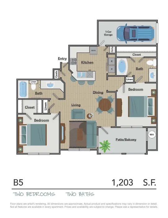 Modern B5 floor plan featuring two bedrooms, two baths, a spacious living area, and a sleek kitchen with a breakfast bar. Includes a cozy patio/balcony and a one-car garage, totaling 1,203 square feet of stylish living space.
