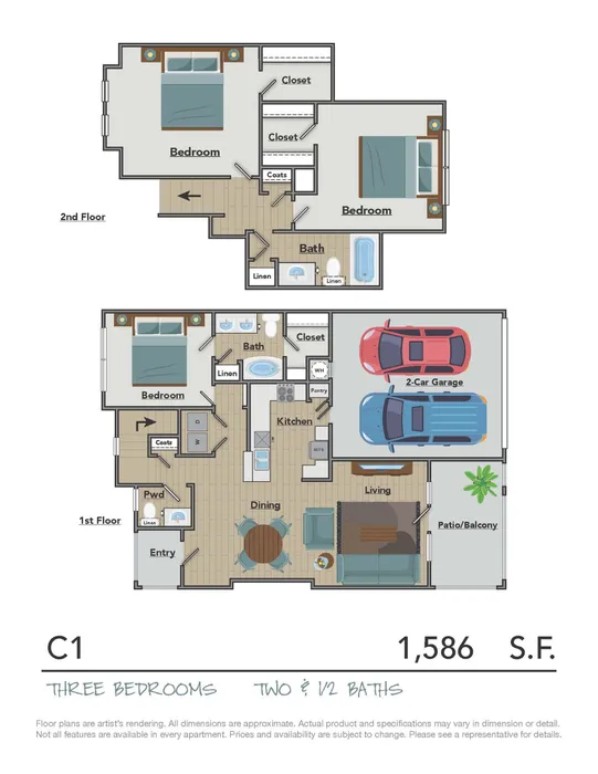 Elegant two-story floor plan featuring three bedrooms, two and a half baths, a stylish open-concept dining and living area, a modern kitchen, and a spacious two-car garage. Includes a charming patio/balcony for outdoor enjoyment.