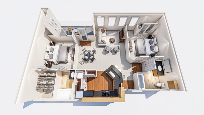 Spacious two-bedroom apartment floor plan with open kitchen, living area, and two bathrooms featuring modern amenities.