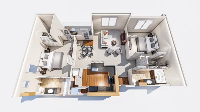 Spacious 3D floor plan of a modern two-bedroom apartment with an open living area and stylish kitchen.